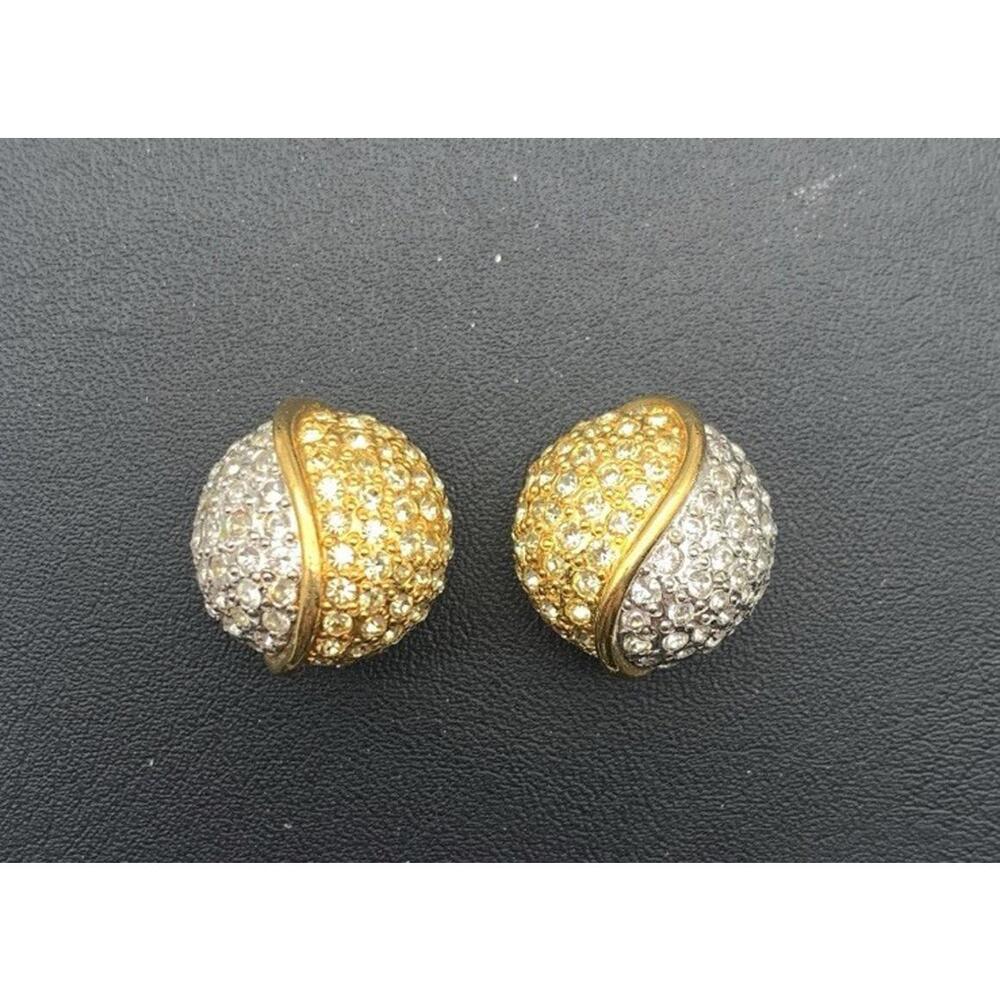 Vintage Replica Signed Stunning Gold‎ & Silver Tone Rhinestone Clip On Earrings